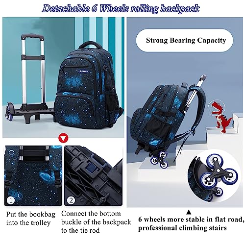 Mildame Geometric Print Rolling Backpack for School Boys Girls with Lunch Bag Teens Bookbag with Wheels Kids Trolley Bag Set, Six Wheels - color: Blue Set-6 Wheels