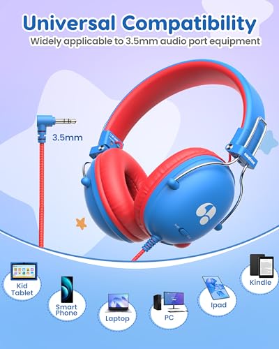 awatrue Kids Headphones, 74/85dB Safe Volume Limit, Stereo Sound, Wired On-Ear Headphones for Kids Boys Girls, 3.5mm Jack for Tablet, iPad, Kindle, YOTO Player, Airplane Travel, Blue - color: Blue-Red