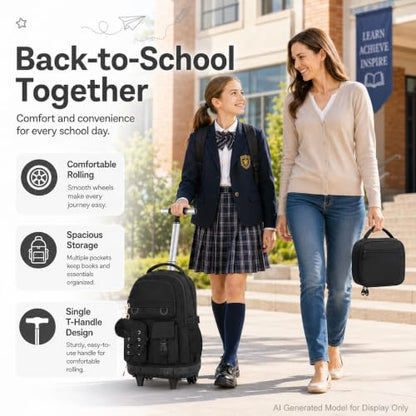 KLFVB Rolling School Backpack for Girls, 3PCS Roller Bookbag with Lunch Bag for Kids, Wheeled Bag for Teen - Black Ribbon Bow - color: Black Ribbon Bow Rolling Backpack