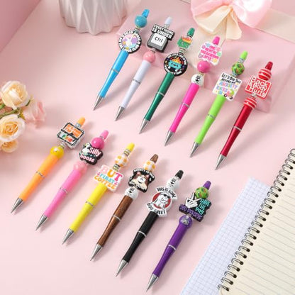 Geyee 12 Set Funny Beadable Pens Making Kit, Beaded Pens with Funny Silicone Focal Beads, Wood and Crystal Spacer Beads Black Ink Ballpoint Pen Kit for DIY Women Coworker Gift School Office Supplies - color: Multicolor, style: Funny