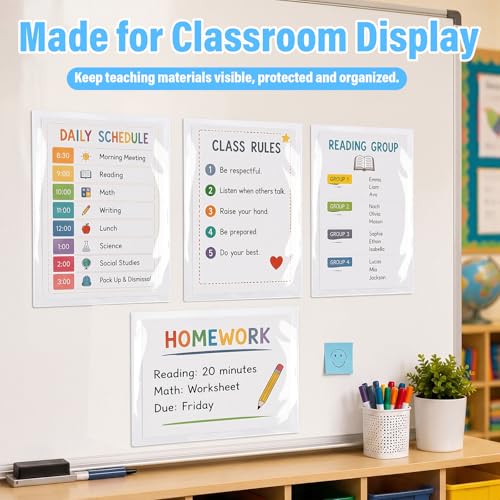 12 Pcs Classroom Magnetic Pockets 11 x 8.5 Inch Clear Whiteboard Magnetic Pouch Wall File Organizer Magnet Paper Holder for Classroom Whiteboard Refrigerator Office Supplies(Transparent) - color: Transparent