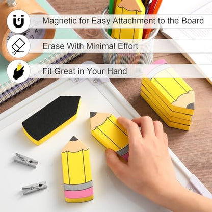 Kolldenn 8 Pcs Back to School Pencil Shaped Magnetic Dry Erase Erasers Whiteboard Cleaning Erasers Classroom Chalkboard Wiper Teacher Supplies for First Day of School Preschool Classroom
