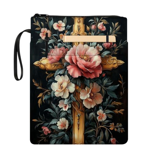 Padded Book Sleeve with Zipper & Front Pocket, Fabric Book Cover | Gothic Floral Cross Antique11.4"x8.7" Washable Canvas Pouch for Hardcovers, Tablets & Reading Accessories - color: Gothic Floral Cross Antique