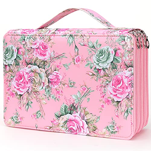 Vomgomfom 200 Slots Pencil Bag, 4-Layer Zipper Portable Art Supply Organizer, PU Leather Large Capacity Colored Pencil Case with Handle for 200 Watercolor Pens, Gel Pens (Pink Rose) - color: D Pink Rose, size: 200 Slots