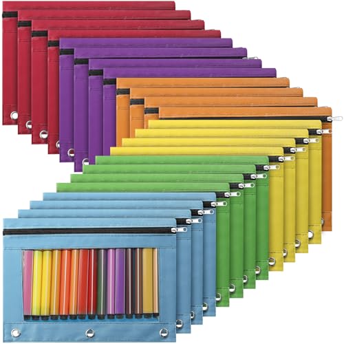 Marspark 48 PCS Pouch Bag for 3 Ring Binder - Bulk Zipper Pencil Binder Pouches with Clear Window for Utensils Storage Supplies(Bright Color) - color: Bright Color