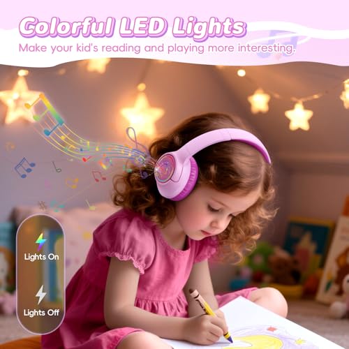 Kids Bluetooth Headphones, 85H Playtime Wireless Headphones for Kids, Colorful LED Lights, 85/94dB Safe Volume Limit, Bluetooth 5.4 Built-in Mic Toddler Headset for Tablet/Airplane (Fuscia Pink) - color: Fuscia Pink