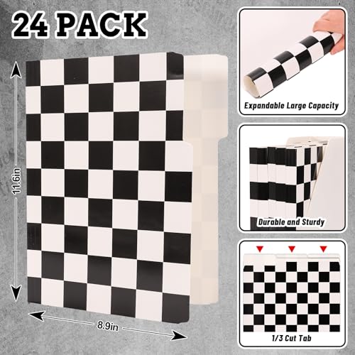 Whaline 24 Pack Checkered File Folders Letter Size Black White Buffalo Plaid File Pockets with 1/3 Cut Tab for Home Office Classroom Supplies, 8.9 x 11.6 Inch - style: Checkered