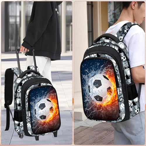 Boys Rolling Backpack for Kids - Soccer Kids Rolling Backpack with Wheels for Elementary Middle School Students - Sport Roller School Bookbag Aged 6-18, Wheeled Travel Bag Large Capacity - color: Soccer-001-backpack Only