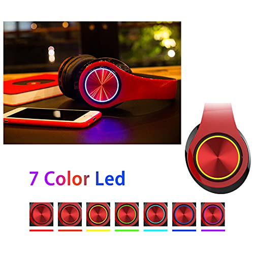 Bluetooth Over Ear Headphones, Colorful LED Lights Deep Bass Headphones with Microphone, Lightweight Wired and Wireless Foldable HiFi Stereo Headphones for Classroom/Home Office/Mobile Phone (Red) - color: Red Black