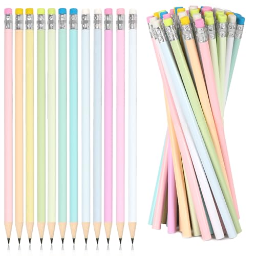 Whaline 48Pcs Pastel Color Pencils with Erasers Back to School Colorful Wooden Pencil Unsharpened Writing Drawing Pencil for Students Graduation School Office Stationery Gift - color: Pastel Color