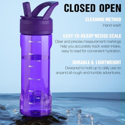 OLDLEY 20oz Kids Water Bottle with Straw, BPA-Free Tritan Water Bottle for School, Leakproof Clear Water Bottle with One Click Open, Measurement Scale, Cup Holder Friendly for Boys Girls,Deep Purple - color: Deep Purple