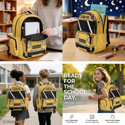 School Bus Backpack for Boys Girls Backpack with Lunch Box Water Bottle Pouch and Cute Pencil Case 4PCS Set Bookbag with Front Pocket for School 17 in Large Elementary Middle High School Bag - color: School Bus