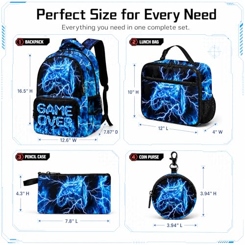 Game Backpack Set for Boys Kids – 17" Large Capacity Gaming School Bag with Lunch Box, Pencil Bag and Coin Purse (Blue) - color: Blue-1