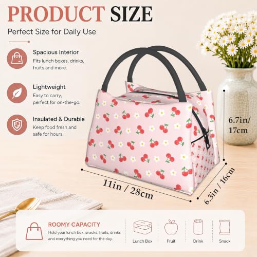 Lunch Box for Women,Cute Cherry Insulated Lunch Bag,Flowers Pink Leakproof Thermal Insulation Cooler Tote Bags for Teacher Nurse Kids School Work Picnic - color: Cute Cherry