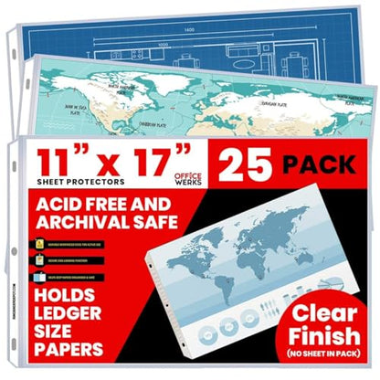 11x17 Sheet Protectors, 25 Pack, Heavyweight, Clear Page Protectors | Side Loading, Landscape, Ledger Size, 3 Hole Punched for 3 Ring Binder, Acid-Free Archival Safe Polypropylene Sleeves