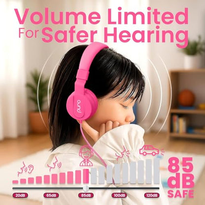 Puro Sound Labs Kids Wired Headphones – Volume-Limiting & Adjustable, Safer & Comfortable Headphones for Kids – Compatible with PCs, Smartphones & Tablets, Ideal for School & Travel – PuroBasic, Pink - color: Pink