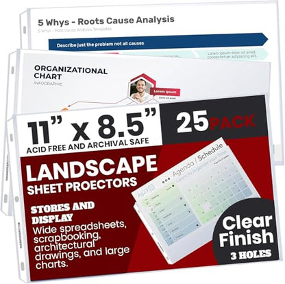 Performore 25 Sheet Protectors, Landscape Clear Sheet Protectors 8.5 X 11 Inch for 3 Ring Binder, Plastic Sheet Sleeves, Top Loading with 3 Hole-Punched Archival Safe, Non-Stick and Long-Lasting - size: 25 Pack