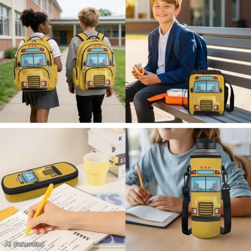 Classic School Bus Backpack with Lunch Box and Water Bottle Pouch Girls Boys Lightweight Big Pencil Case Pouch 4PCS Set Bookbag with Compartments 17 inch Study School Bag Kids Back to School - color: Classic School Bus