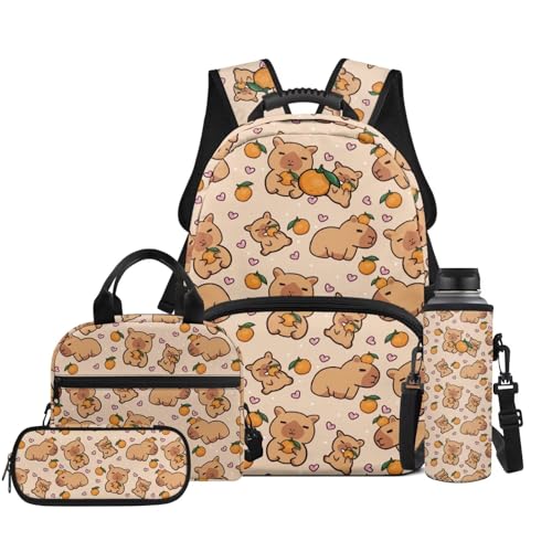 Elementary School Bookbag Set, 4 Pieces Casual Student Backpack with Lunch Bag, Pencil Case & Water Bottle Holder for Ages 8-12 Capybara Orange Print - color: Capybara Orange Print