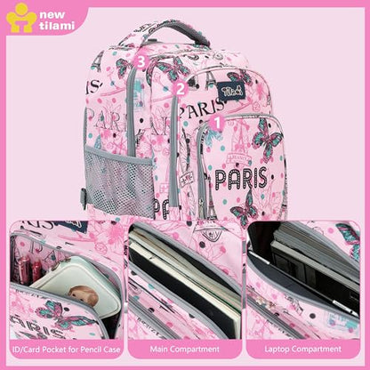 NEW TILAMI Rolling Backpack for Kids 18 Inch Wheeled Laptop Backpack Kids School Travel - color: Pink Paris