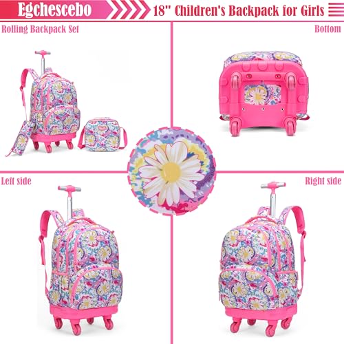 Kids Rolling Backpack for Girls Daisy Suitcases Trolley Roller Luggage Backpacks with 360° Rotating Wheels 15" Laptop Lunch Box Pencil Case for Elementary 18” Travel School Bag Pink - color: Pink-juhua-1220