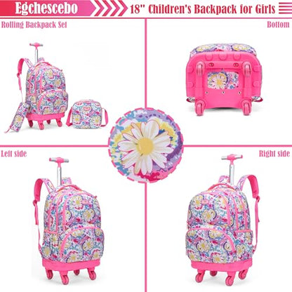 Kids Rolling Backpack for Girls Daisy Suitcases Trolley Roller Luggage Backpacks with 360° Rotating Wheels 15" Laptop Lunch Box Pencil Case for Elementary 18” Travel School Bag Pink - color: Pink-juhua-1220