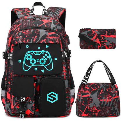 Scothen Boys Backpack, Cool Luminous School Backpacks for Boys with Lunch Bag Pencil Case, Kids Backpack Kindergarten Elementary Middle School Book Bags for Teen Boy Children with USB Charging Port - color: Black-red