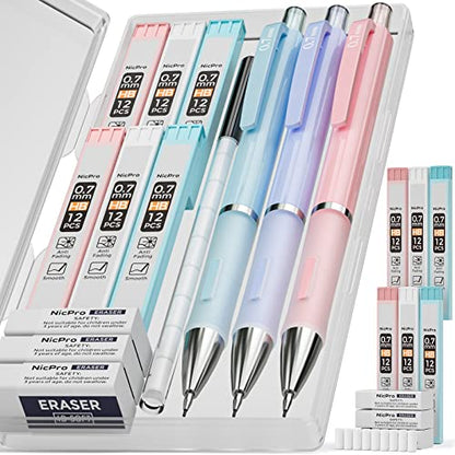 Nicpro 3PCS Cute Mechanical Pencil Set with Case, 0.7 mm Pencils with 6 Tube HB Lead Refill, 3PCS Eraser, 9PCS Eraser Refill for School Supplies Student Writing, Drafting Drawing Sketching - style: 3 Pack (0.7mm)