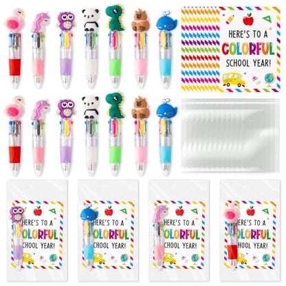 ANGOLIO Back to School Gifts 28 Sets Cute Animals 4 in 1 Multicolor Retractable Ballpoint Pens with Greeting Cards for Students Kids Classroom Office Home Rewards First Day of School Party Supplies - style: Cute Animals