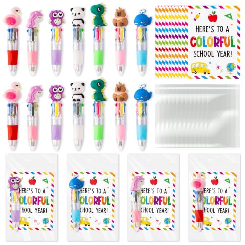 ANGOLIO Back to School Gifts 28 Sets Cute Animals 4 in 1 Multicolor Retractable Ballpoint Pens with Greeting Cards for Students Kids Classroom Office Home Rewards First Day of School Party Supplies - style: Cute Animals