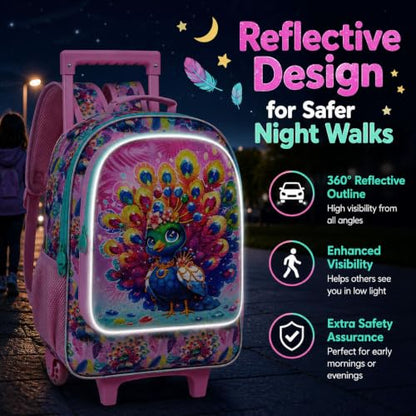 3Pcs Rolling Backpack for Girls, Kids Roller School Backpack with Wheels, Peacock Wheeled Bookbag for Elementary Preschool Kindergarten(Pink) - color: Peacock Pink