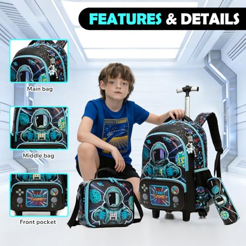 Kids Rolling Backpack for Boys Astronaut Trolley Suitcases Luggage with Wheels Bookbag Wheeled 3pcs Preschool Students Elementary Teenagers Lunch Box Pencil Case Blue for Age 5-10 - color: Blue-0201-yuhangyuan