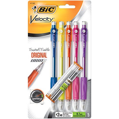 BIC Velocity Mechanical Pencils, With Colorful Barrel, Medium Point (0.7mm), 5-Count Pack Mechanical Pencils With Eraser and Lead Refills - style: Medium Point