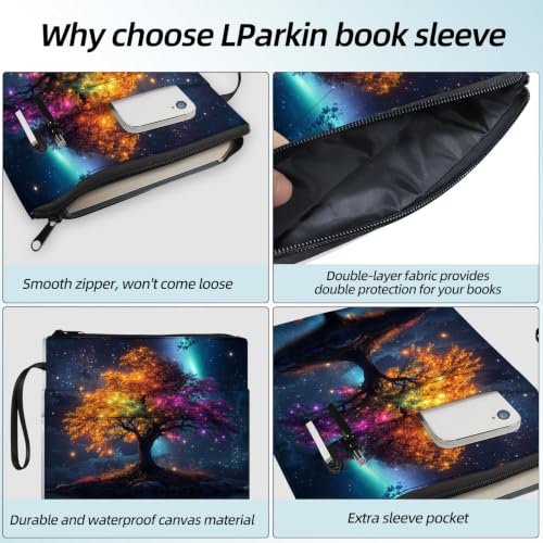 Padded Book Sleeve with Zipper & Front Pocket, Fabric Book Cover | Aesthetic Tree of Life Neon11.4"x8.7" Washable Canvas Pouch for Hardcovers, Tablets & Reading Accessories - color: Aesthetic Tree of Life Neon