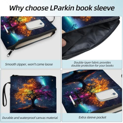 Padded Book Sleeve with Zipper & Front Pocket, Fabric Book Cover | Aesthetic Tree of Life Neon11.4"x8.7" Washable Canvas Pouch for Hardcovers, Tablets & Reading Accessories - color: Aesthetic Tree of Life Neon