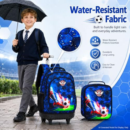 CCJPX 3PCS Rolling Backpack for Boys, 21 Inch Soccer Water Resistant Backpacks with Roller Wheels, Football Wheeled Bookbag for Teens Elementary School Travel-Blue - color: Rolling Soccer Black