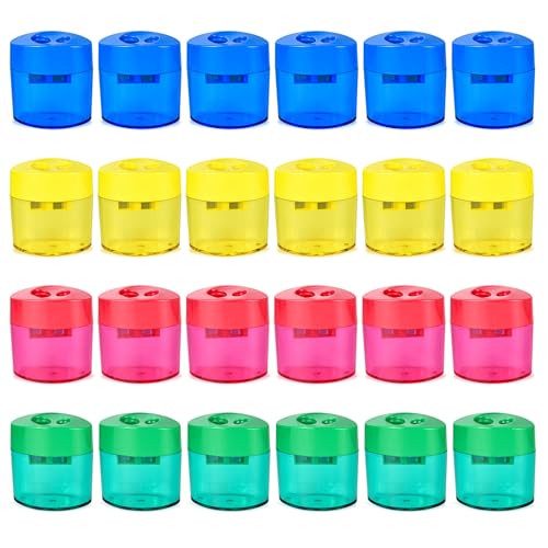 24Pcs Pencil Sharpener Manual, Assorted Color Small Dual Hole Pencil Sharpeners Bulk with Lid for School Office Home (Oval-24)