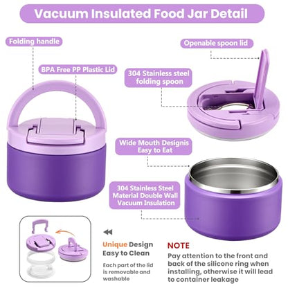 Bento Lunch Box for Kids with 8oz Soup Thermo,Kids Leakproof Lunch Food Containers with 4 Compartment,Kid Insulated Thermo Hot Food Jar for School,Trvael-Purple - color: Purple