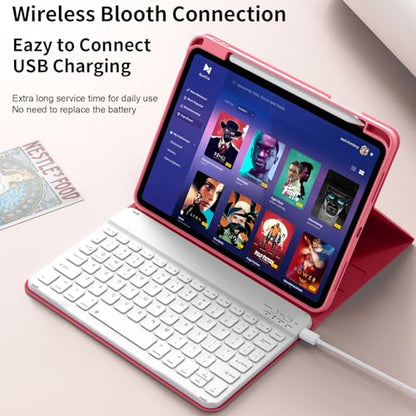 kenke for iPad 11/10th Gen Case with Keyboard 11/10.9 inch 2025 A16/2022, Detachable Wireless Bluetooth Keyboard Case with Bulit-in Pencil Holder, White Square Keycaps (Pink) - color: Watermelon Red