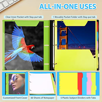 WOT I 2-Pack Telescoping 3 Ring Binder Notebooks - Customizable Cover, 5 Dividers & Pocket Folder in One Slim Organizer (60 Sheets Included), Green - color: Green, size: 2 Pack