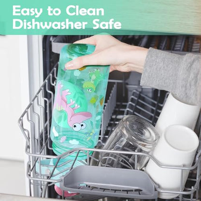 20oz Kids Water Bottle For School or Travel, Leak-Proof & Dishwasher, Durable Plastic Sport Water Bottle With Straw and Handle, Cute Donosaur - color: Green dinosaur