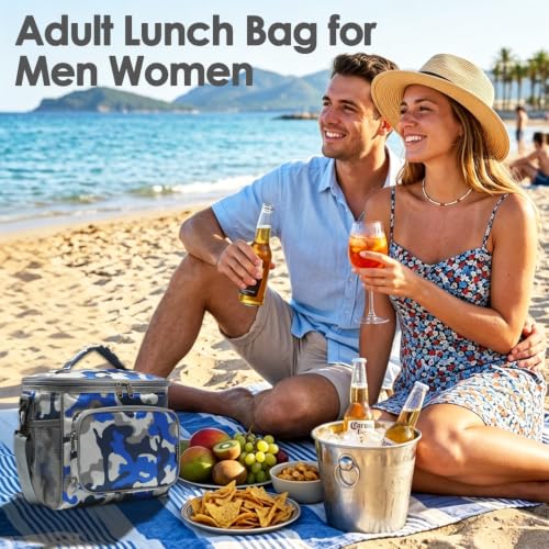 FlowFly Insulated Reusable Lunch Bag Adult Large Lunch Box for Women and Men with Adjustable Shoulder Strap,Front Zipper Pocket and Dual Large Mesh Side Pockets,BlueCamo - color: BlueCamo