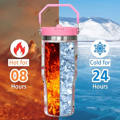 Queen Hero 30 oz Pink Cow Tumbler with Handle, Large Insulated Tumbler with Flip & Straw Coffee Mug Cup Stainless Steel Gifts for Women Men Youth - color: Pink Cow