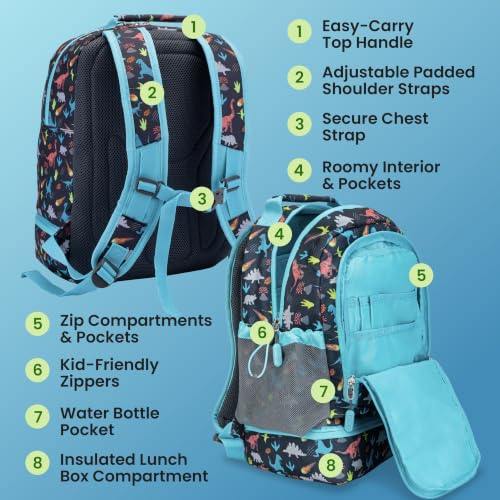 Bentgo Kids 2-in-1 Backpack & Insulated Lunch Bag - Durable 16” Backpack & Lunch Container in Unique Prints for School & Travel - Water Resistant, Padded & Large Compartments (Dinosaur) - color: Dinosaur