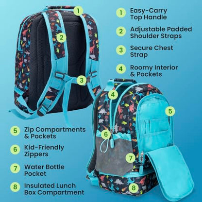 Bentgo Kids 2-in-1 Backpack & Insulated Lunch Bag - Durable 16” Backpack & Lunch Container in Unique Prints for School & Travel - Water Resistant, Padded & Large Compartments (Dinosaur) - color: Dinosaur