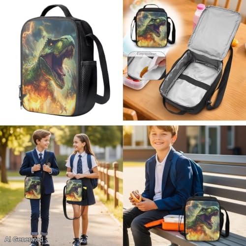 Cool Dinosaur Backpack for Kids 5-7 Boys Backpack with Lunch Box Water Bottle Carrier with Strap and Soft Pencil Case Elementary 4PCS Set Bookbag Front Side Pocket 17 inch School Bag - color: Cool Dinosaur