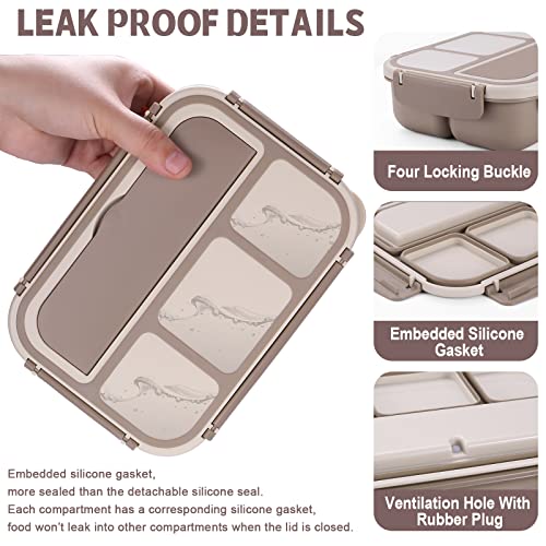 Bento Box Adult Lunch Box, Containers for Adults Men Women with 4 Compartments, Lunchable Food Container with Utensils, Sauce Jar, Muffin Liners, 40 Oz/5 Cup, Microwave & Dishwasher Safe, Brown - color: Brown