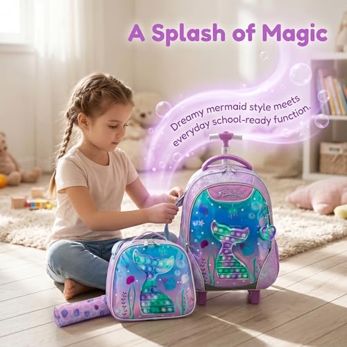 Kids Rolling Backpack for Girls Mermaid Trolley Suitcases Luggage with Wheels Bookbag Wheeled 3pcs on Lunch Box Pencil Case Preschool Students Elementary Teenagers Pink for Girls Age 5-12 - color: Pink-0130-wanjuywb