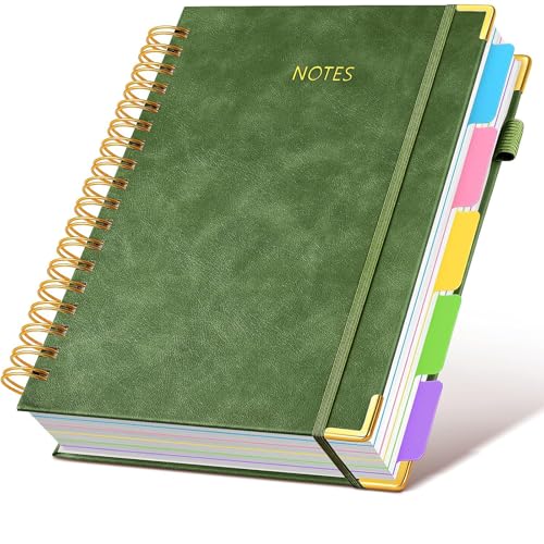 JUNART B5 Hardcover Spiral Notebook Journal with 5 Removable Subject Divider Tabs, 9"x10" Large 300 Pages College Ruled Notebook,180° Flat Lay,100 GSM Thick Paper for Office, Home & School(green) - color: green