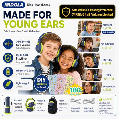 MIDOLA Kids Bluetooth Headphones 68H Play Time,Volume Limit 85/94dB, Foldable Lightweight Wireless Over-Ear Headphone for Toddler Kid Child Pad,Headsets with Aux Built-in Mic Deepblue - color: DeepBlueSky